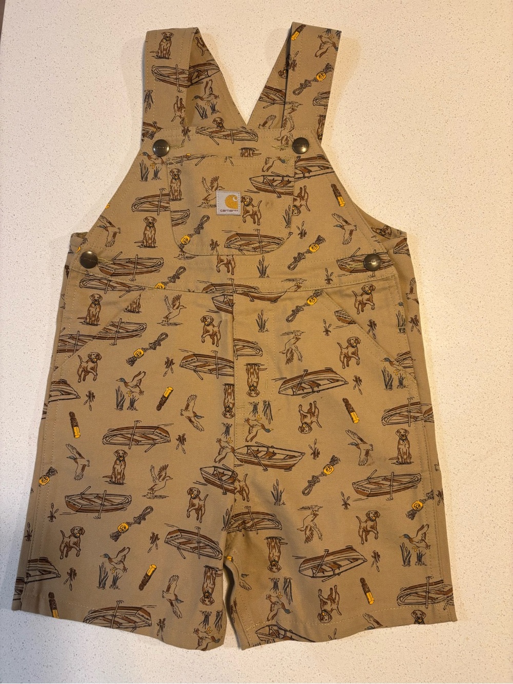 Carhartt Tan Kids' Shortall Overalls with Outdoor Boat & Dog Print